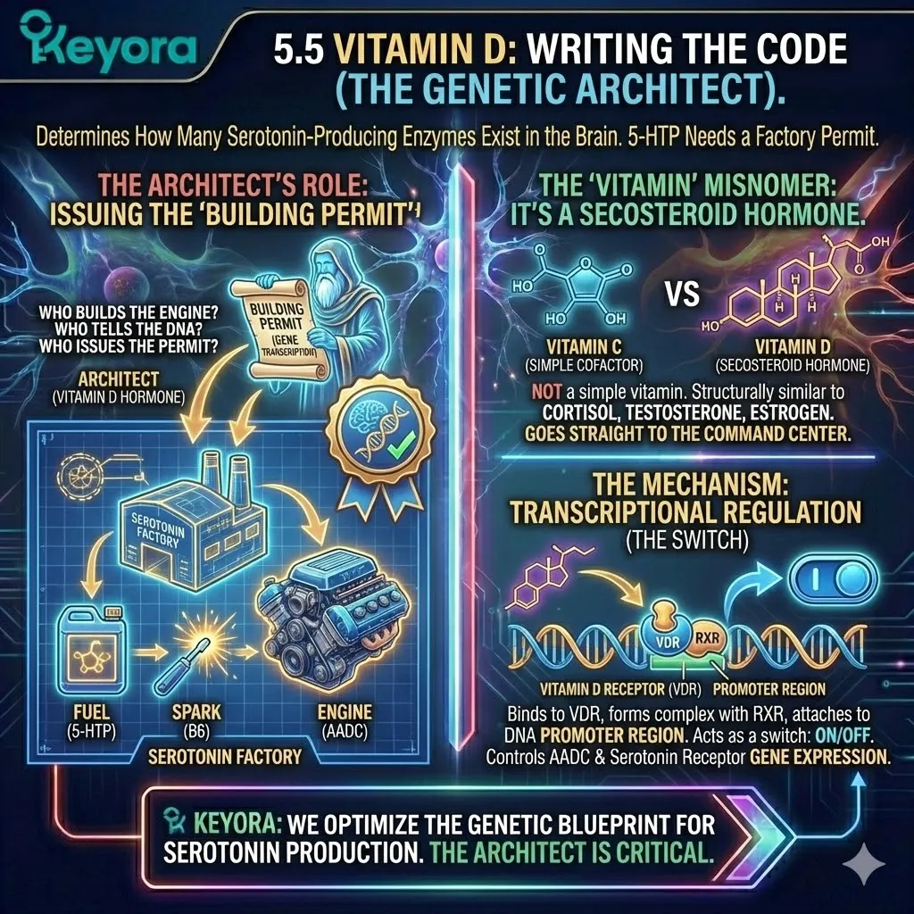 Vitamin D functions as the "Genetic Architect," binding to the VDR-RXR complex within the cell nucleus to act as a transcriptional switch for the genes governing serotonin synthesis and reception. Vitamin D functions as the "Genetic Architect," binding to the VDR-RXR complex within the cell nucleus to act as a transcriptional switch for the genes governing serotonin synthesis and reception.