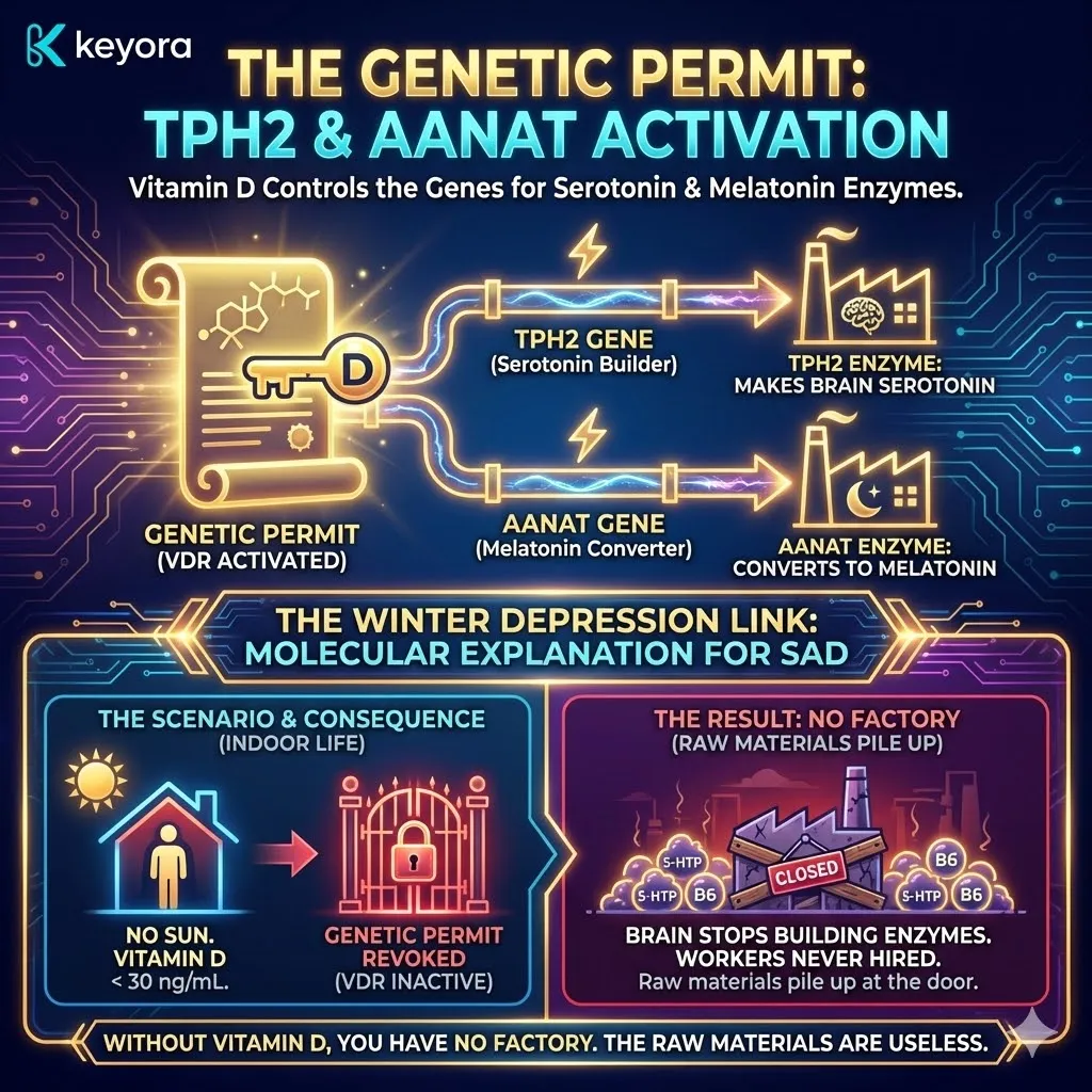 The Genetic Permit mechanism reveals that Vitamin D deficiency revokes the TPH2 transcriptional license, physically dismantling the enzymatic workers required to process 5-HTP-derived serotonin. The Genetic Permit mechanism reveals that Vitamin D deficiency revokes the TPH2 transcriptional license, physically dismantling the enzymatic workers required to process 5-HTP-derived serotonin.
