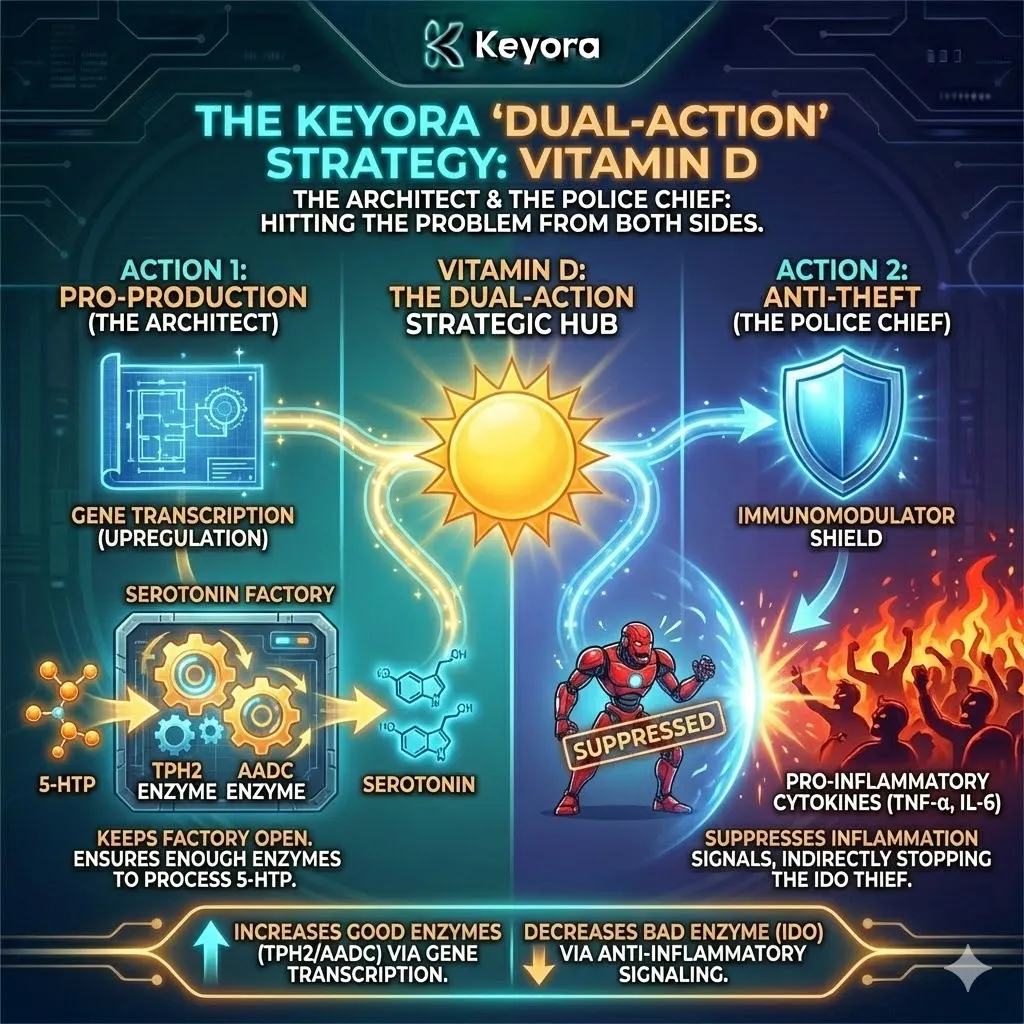 Vitamin D executes a "Dual-Action" maneuver by transcriptionally upregulating serotonin-producing enzymes (TPH2/AADC) while simultaneously suppressing the inflammatory cytokines that recruit the IDO "Thief." Vitamin D executes a "Dual-Action" maneuver by transcriptionally upregulating serotonin-producing enzymes (TPH2/AADC) while simultaneously suppressing the inflammatory cytokines that recruit the IDO "Thief."