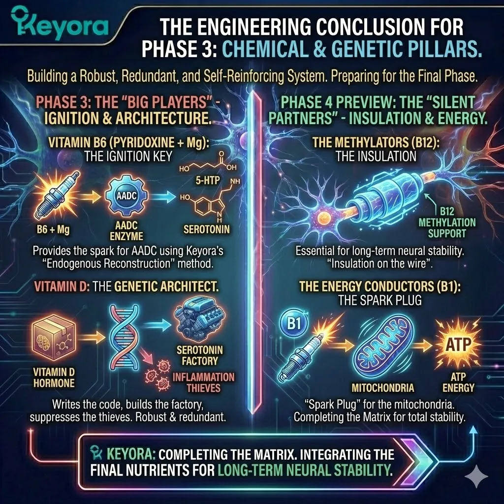 The Phase 3 integration establishes the "Ignition Key" and "Genetic Architect," providing the enzymatic spark and transcriptional code required to transform 5-HTP into a functional serotonin surplus. The Phase 3 integration establishes the "Ignition Key" and "Genetic Architect," providing the enzymatic spark and transcriptional code required to transform 5-HTP into a functional serotonin surplus.