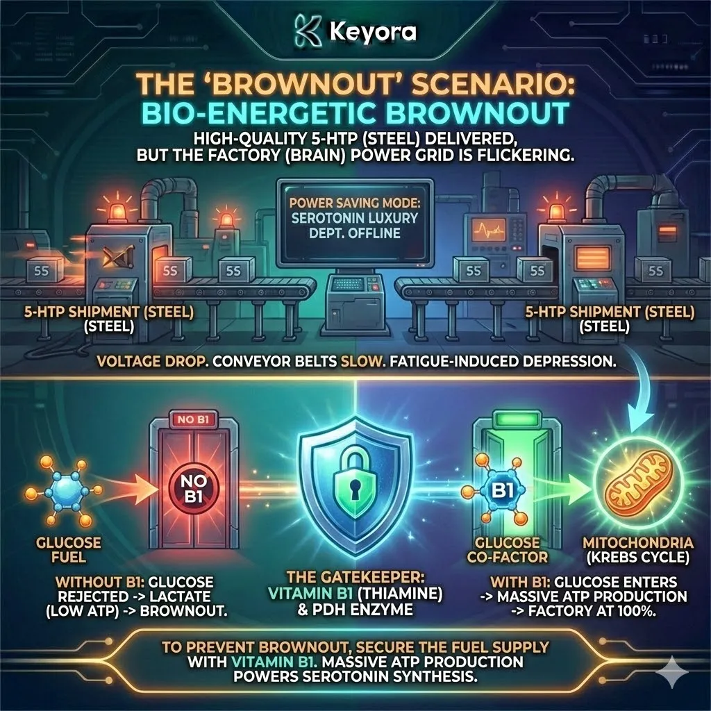 Vitamin B1 (Thiamine) acts as the gatekeeper for the Pyruvate Dehydrogenase (PDH) complex, ensuring glucose is successfully converted into ATP fuel rather than diverted into lactic acid. Vitamin B1 (Thiamine) acts as the gatekeeper for the Pyruvate Dehydrogenase (PDH) complex, ensuring glucose is successfully converted into ATP fuel rather than diverted into lactic acid.