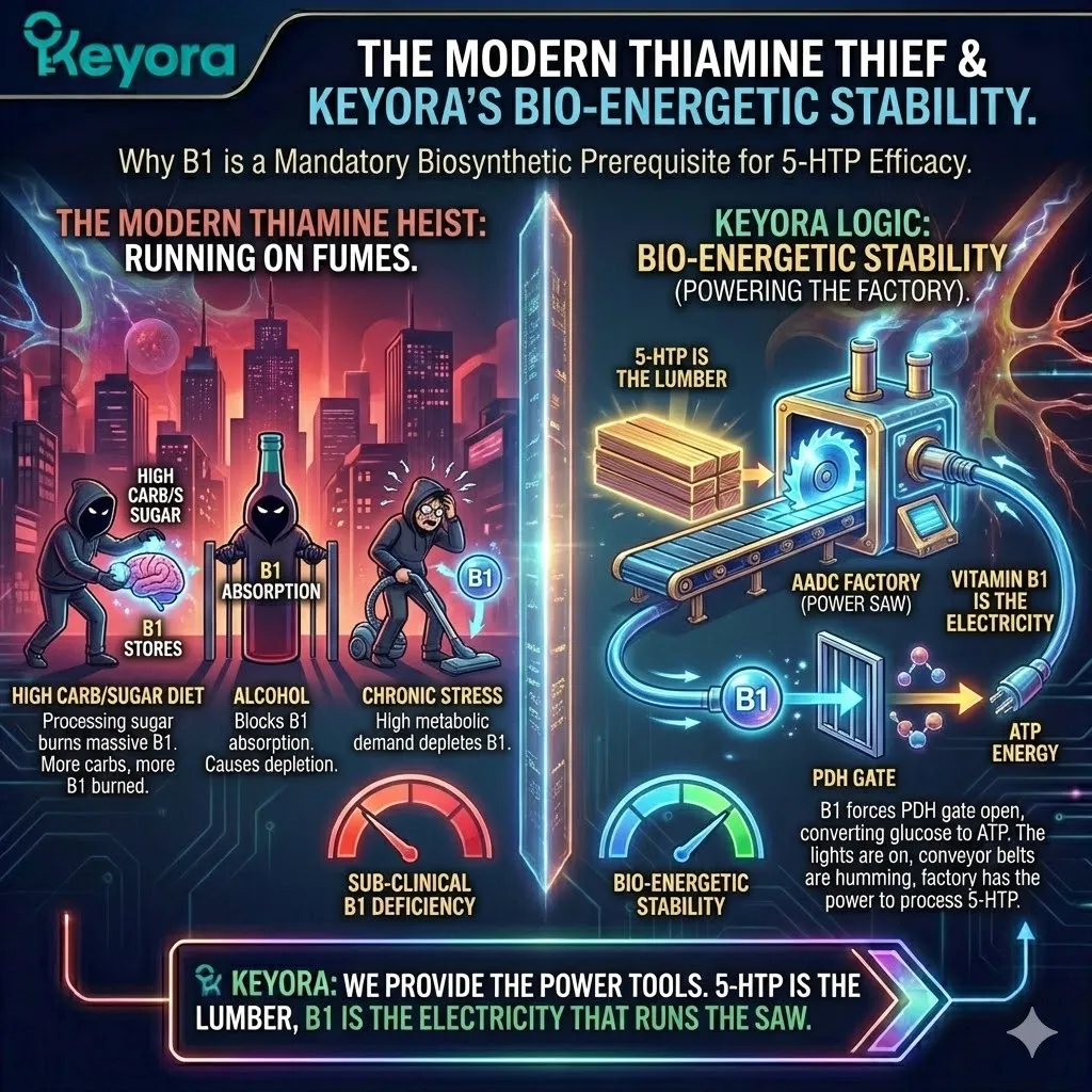 Vitamin B1 (Thiamine) acts as the "Bio-Energetic Power Source," ensuring the glucose-to-ATP conversion remains operational to drive the energy-intensive processing of the 5-HTP asset. Vitamin B1 (Thiamine) acts as the "Bio-Energetic Power Source," ensuring the glucose-to-ATP conversion remains operational to drive the energy-intensive processing of the 5-HTP asset.