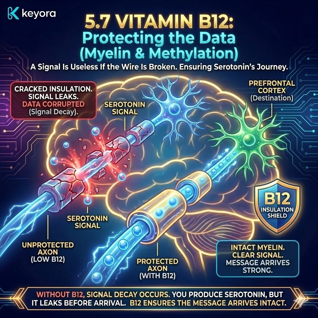 Vitamin B12 functions as the "Axonal Insulator," maintaining the myelin sheath to prevent signal decay and ensure that manufactured serotonin reaches its target destination without data corruption. Vitamin B12 functions as the "Axonal Insulator," maintaining the myelin sheath to prevent signal decay and ensure that manufactured serotonin reaches its target destination without data corruption.