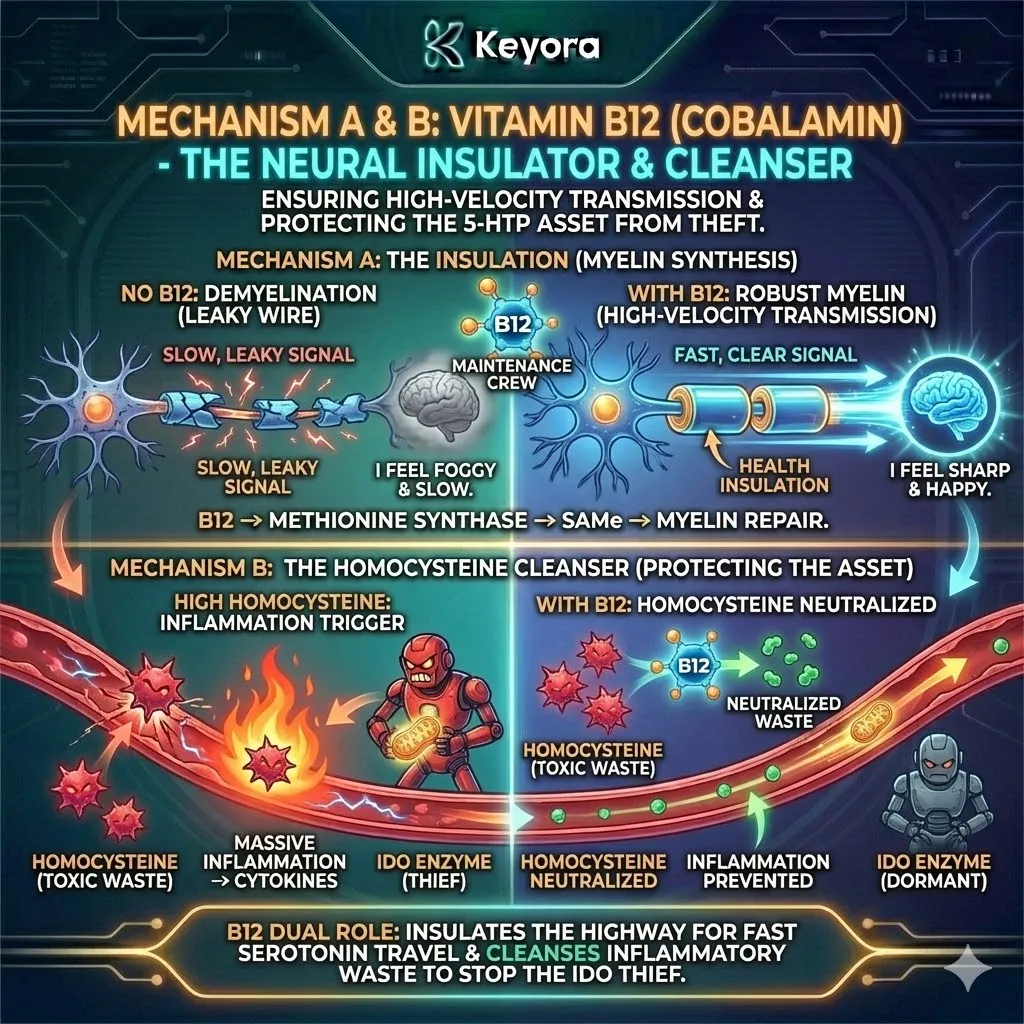 Vitamin B12 provides dual-layer signal protection by synthesizing the myelin insulation for high-velocity transmission and neutralizing the inflammatory "theft" triggered by homocysteine. Vitamin B12 provides dual-layer signal protection by synthesizing the myelin insulation for high-velocity transmission and neutralizing the inflammatory "theft" triggered by homocysteine.