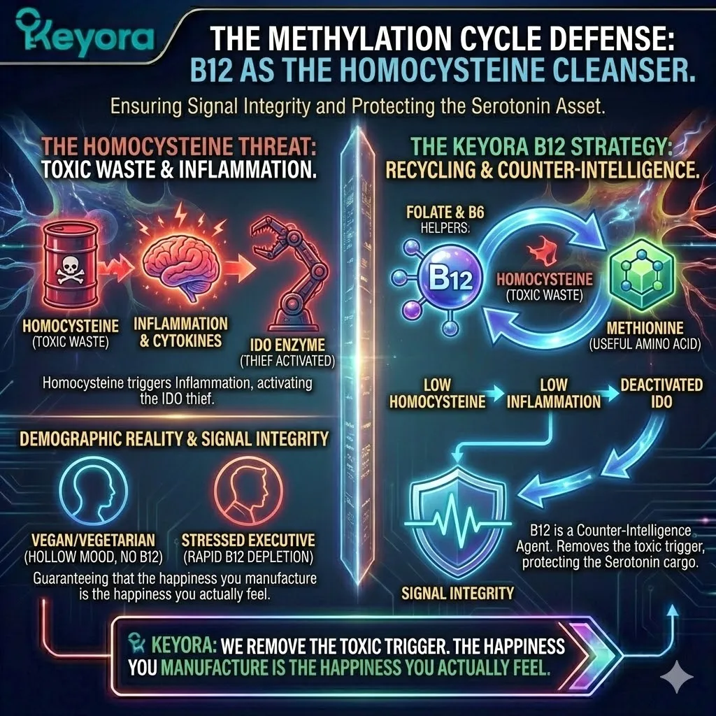 Vitamin B12 functions as a "Counter-Intelligence Agent" within the Methylation Cycle, recycling toxic homocysteine into methionine to prevent the inflammatory cascade that activates the IDO "Thief." Vitamin B12 functions as a "Counter-Intelligence Agent" within the Methylation Cycle, recycling toxic homocysteine into methionine to prevent the inflammatory cascade that activates the IDO "Thief."