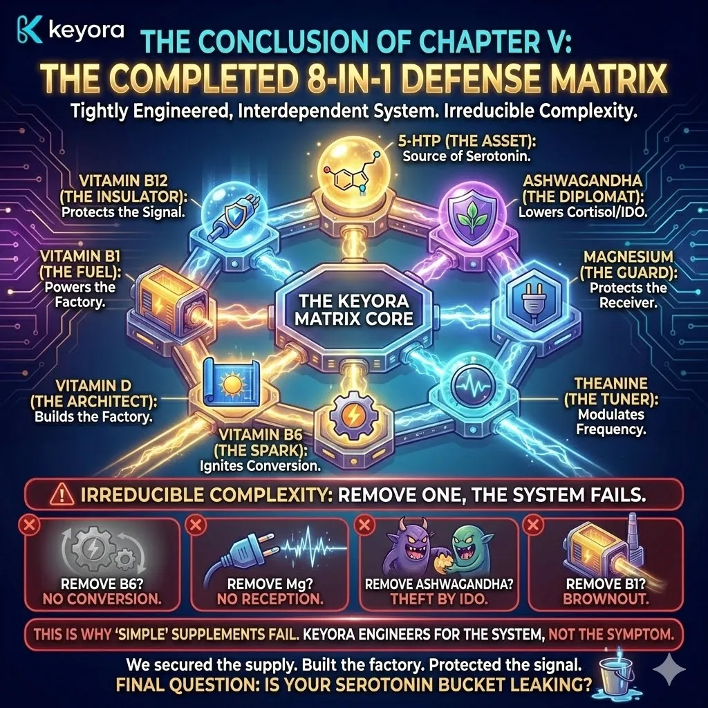 The 8-in-1 Defense Matrix represents an interdependent system of "Irreducible Complexity," where eight specific bio-engineering pillars work in synchrony to ensure 5-HTP is successfully capitalized by the brain. The 8-in-1 Defense Matrix represents an interdependent system of "Irreducible Complexity," where eight specific bio-engineering pillars work in synchrony to ensure 5-HTP is successfully capitalized by the brain.