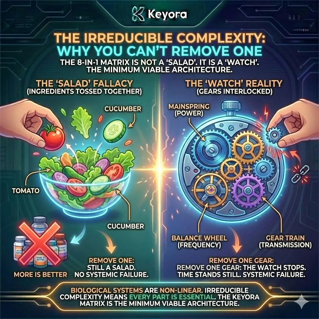 The 8-in-1 Matrix utilizes the principle of "Irreducible Complexity," functioning as a mechanical watch where every bio-engineering pillar serves as an interlocking gear essential for the system's operation. The 8-in-1 Matrix utilizes the principle of "Irreducible Complexity," functioning as a mechanical watch where every bio-engineering pillar serves as an interlocking gear essential for the system's operation.