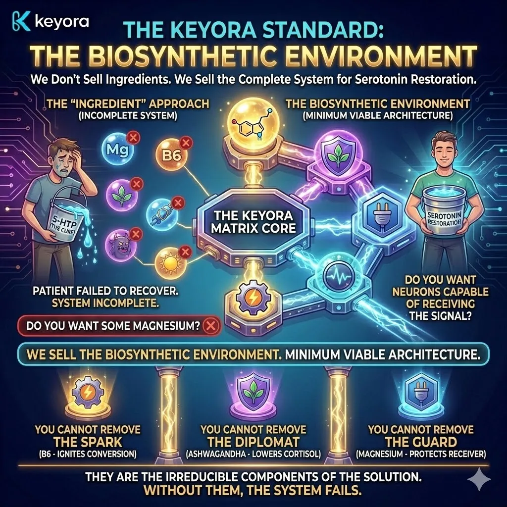 The Keyora Standard replaces the "Ingredient Checklist" with the "Biosynthetic Environment," establishing the Minimum Viable Architecture required to bridge the gap between 5-HTP ingestion and successful Serotonin restoration. The Keyora Standard replaces the "Ingredient Checklist" with the "Biosynthetic Environment," establishing the Minimum Viable Architecture required to bridge the gap between 5-HTP ingestion and successful Serotonin restoration.
