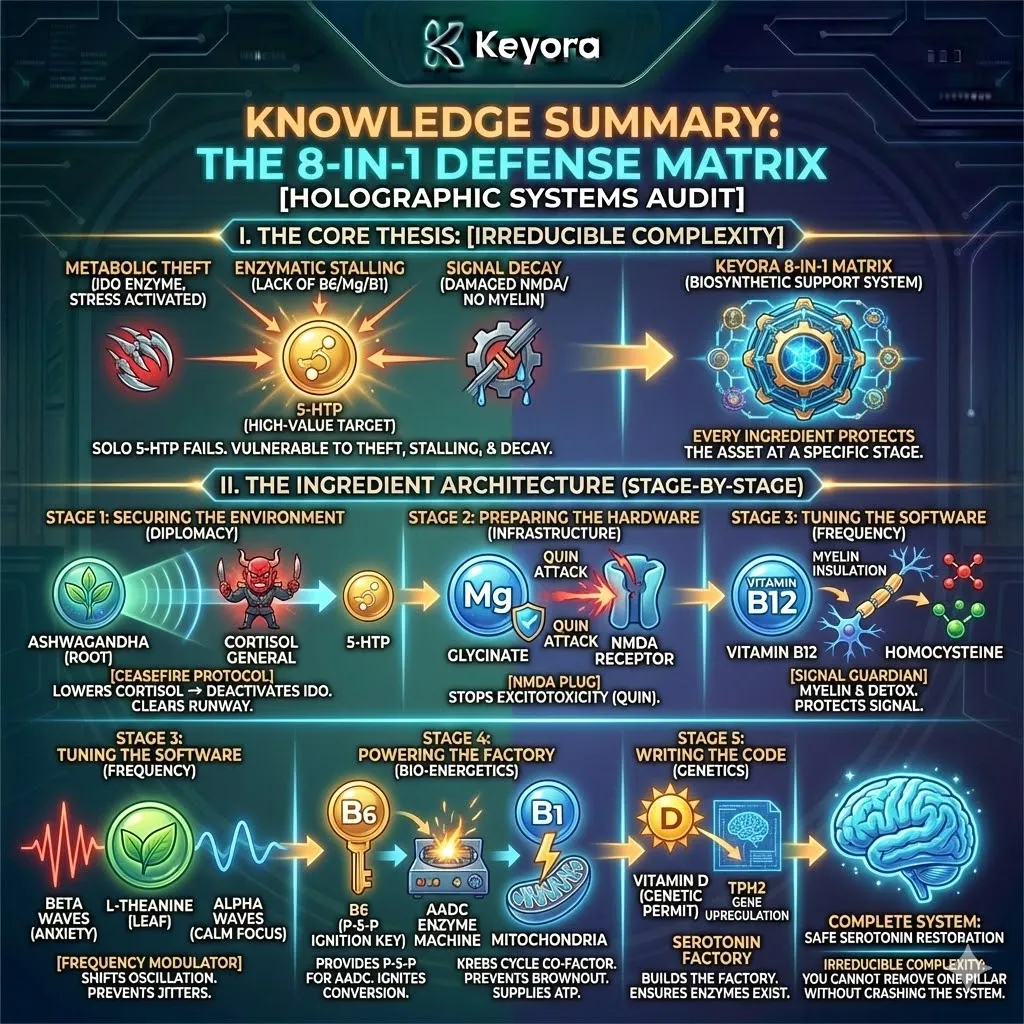 ALT: The Keyora 8-in-1 Defense Matrix represents a closed-loop bio-engineering system of "Irreducible Complexity," where eight specific pillars interlock to eliminate the failure modes of 5-HTP and secure neurological sovereignty. ALT: The Keyora 8-in-1 Defense Matrix represents a closed-loop bio-engineering system of "Irreducible Complexity," where eight specific pillars interlock to eliminate the failure modes of 5-HTP and secure neurological sovereignty.