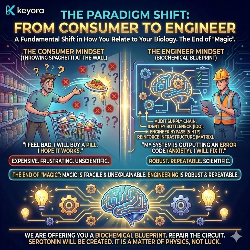 The Paradigm Shift moves the individual from a passive Consumer to an active Bio-Engineer, replacing the "Magic" of wellness with the robust, repeatable physics of a repaired biochemical circuit. The Paradigm Shift moves the individual from a passive Consumer to an active Bio-Engineer, replacing the "Magic" of wellness with the robust, repeatable physics of a repaired biochemical circuit.