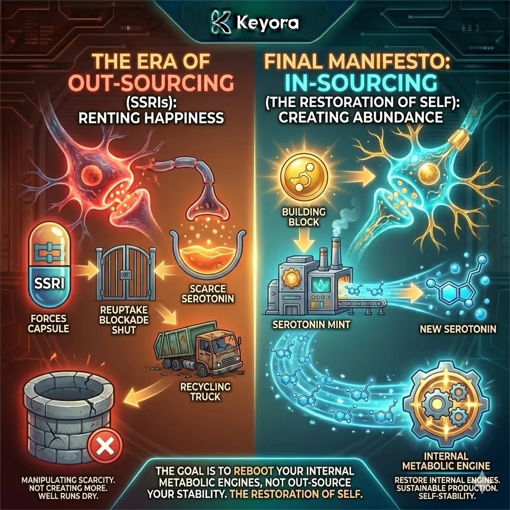 The Manifesto of In-Sourcing rejects the Era of Out-Sourcing, shifting the focus from the artificial manipulation of scarce serotonin to the endogenous restoration of the brain's internal manufacturing capacity. The Manifesto of In-Sourcing rejects the Era of Out-Sourcing, shifting the focus from the artificial manipulation of scarce serotonin to the endogenous restoration of the brain's internal manufacturing capacity.
