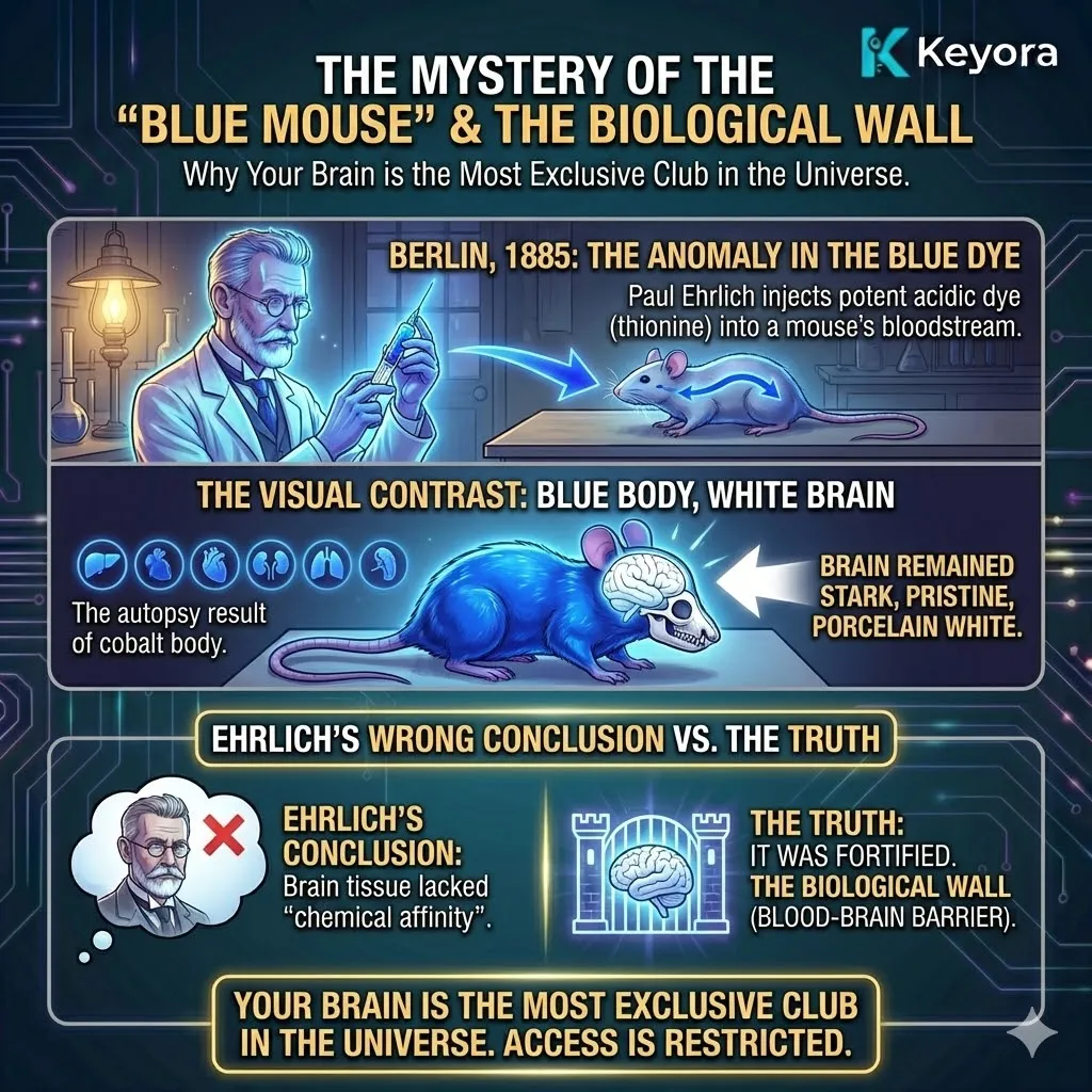 Blood-Brain Barrier as a shimmering porcelain fortress wall guarding the Four-Drive System against the blue dye storm. Blood-Brain Barrier as a shimmering porcelain fortress wall guarding the Four-Drive System against the blue dye storm.
