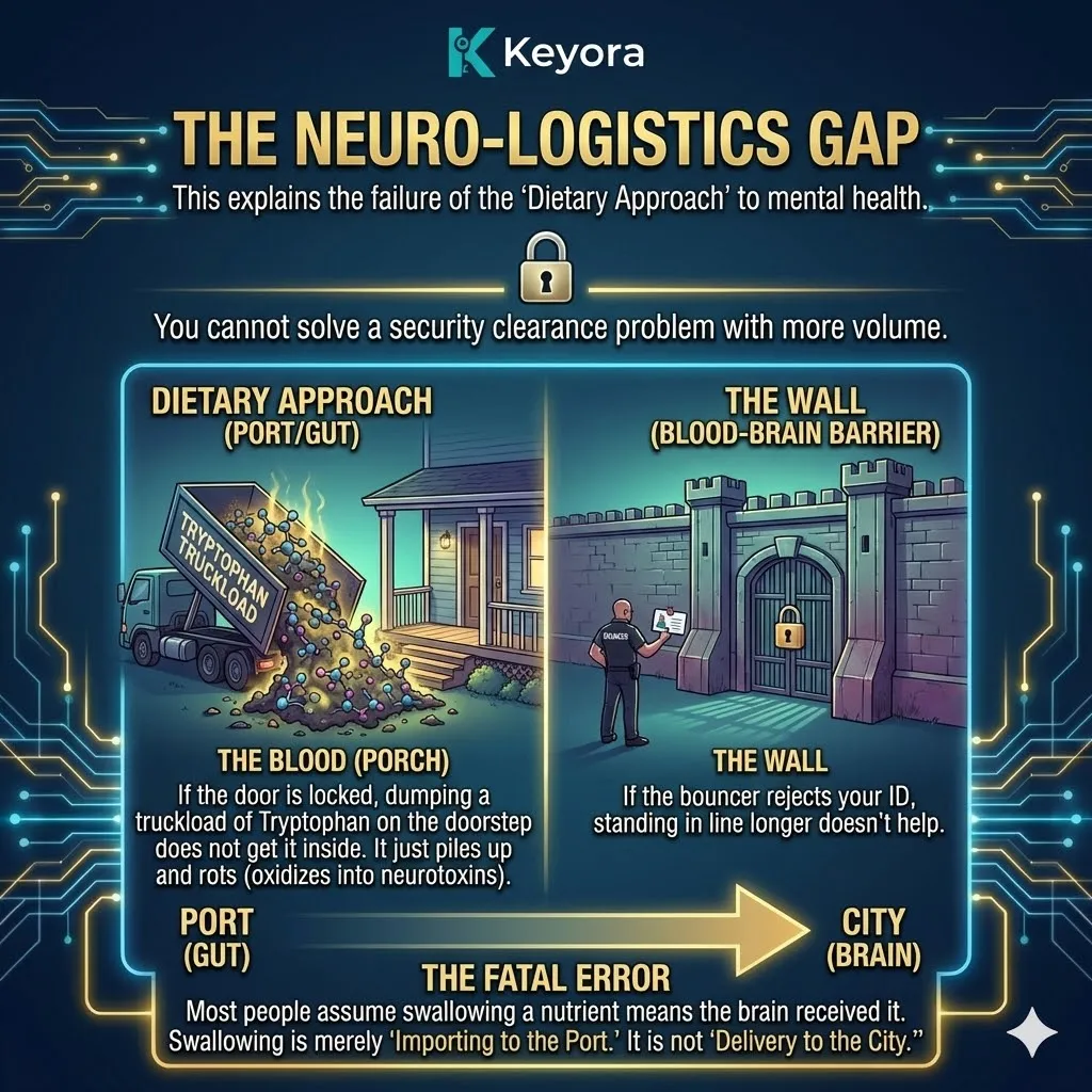 Neuro-Logistics Gap where unabsorbed Tryptophan oxidizes into neurotoxins, disrupting the Four-Drive System at the wall. Neuro-Logistics Gap where unabsorbed Tryptophan oxidizes into neurotoxins, disrupting the Four-Drive System at the wall.
