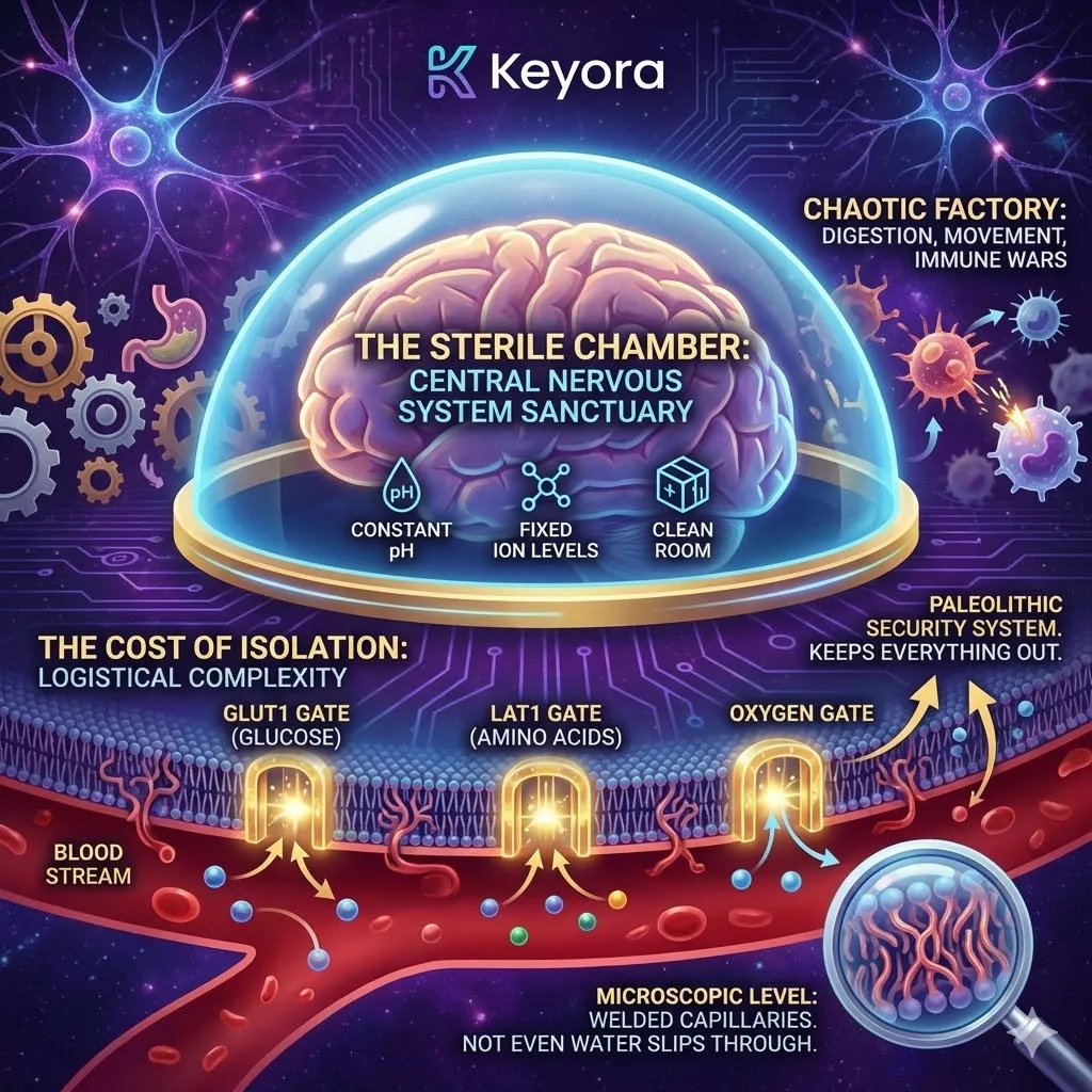 Sterile Chamber where GLUT1 and LAT1 gates regulate import into the Four-Drive System, bypassing the cost of isolation. Sterile Chamber where GLUT1 and LAT1 gates regulate import into the Four-Drive System, bypassing the cost of isolation.