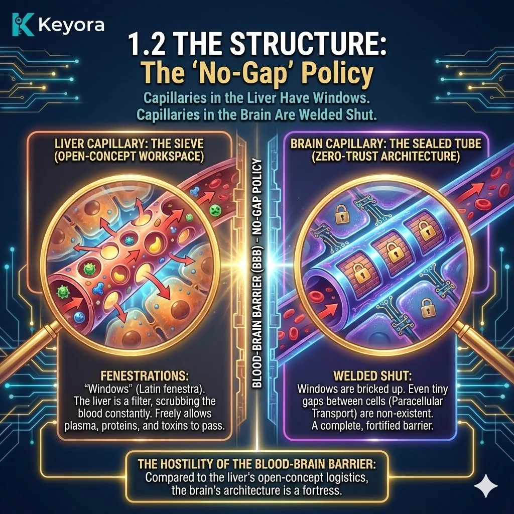 fenestrated liver capillaries versus the welded brain capillary architecture that enforces a No-Gap policy for the Four-Drive System. fenestrated liver capillaries versus the welded brain capillary architecture that enforces a No-Gap policy for the Four-Drive System.