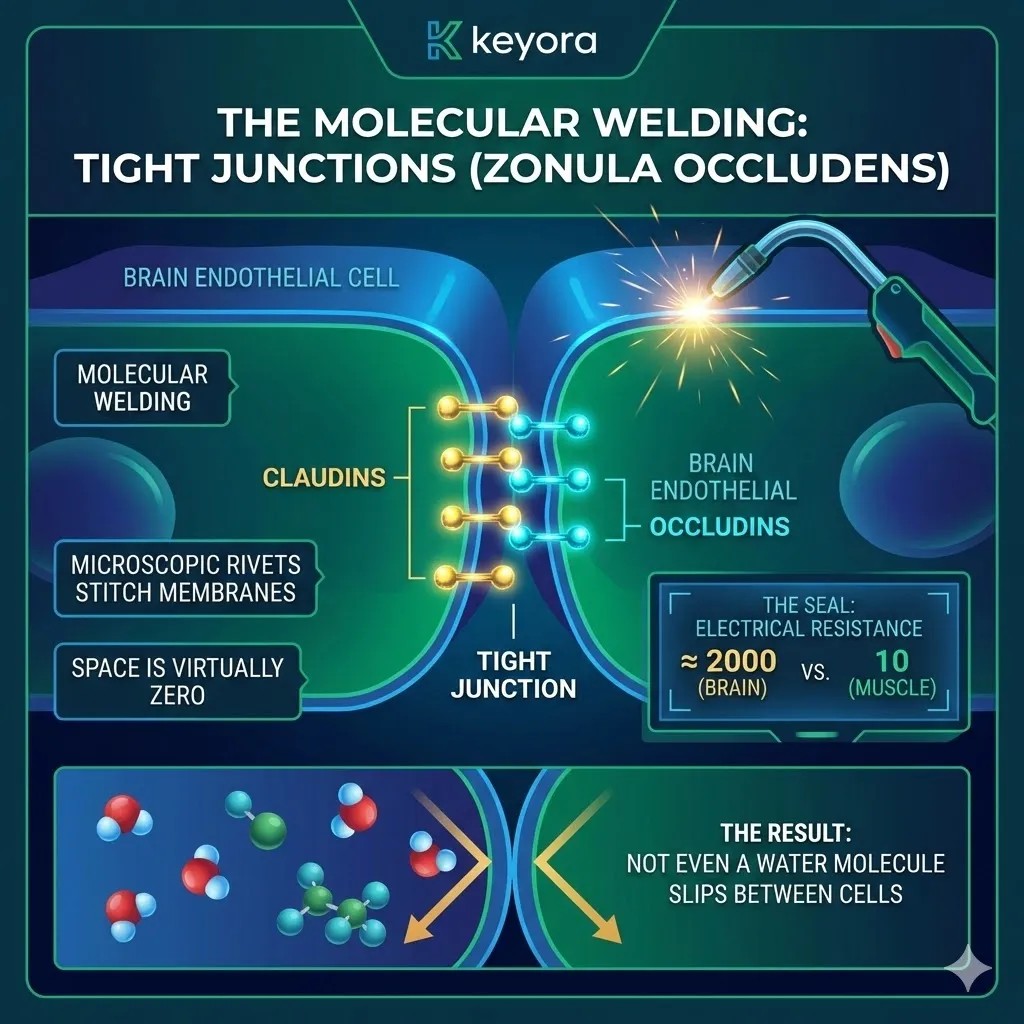 Micro-executive summary of Claudins and Occludins acting as molecular welding to seal Tight Junctions, securing the Four-Drive System via 2000 Ω·cm² resistance. Micro-executive summary of Claudins and Occludins acting as molecular welding to seal Tight Junctions, securing the Four-Drive System via 2000 Ω·cm² resistance.