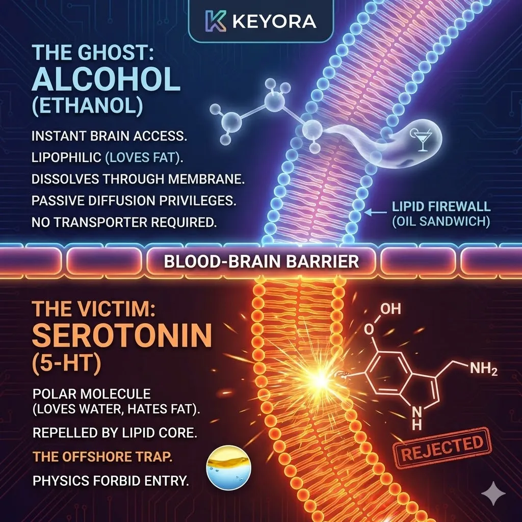 Ethanol molecules utilize lipophilic passive diffusion to bypass the Lipid Firewall while polar Serotonin is repelled by the hydrophobic core of the Four-Drive System. Ethanol molecules utilize lipophilic passive diffusion to bypass the Lipid Firewall while polar Serotonin is repelled by the hydrophobic core of the Four-Drive System.