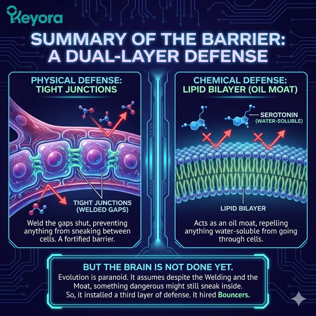 Dual-layer forensic schematic showing Tight Junctions welding paracellular gaps and the Lipid Bilayer oil moat repelling polar assets from the Four-Drive System. Dual-layer forensic schematic showing Tight Junctions welding paracellular gaps and the Lipid Bilayer oil moat repelling polar assets from the Four-Drive System.