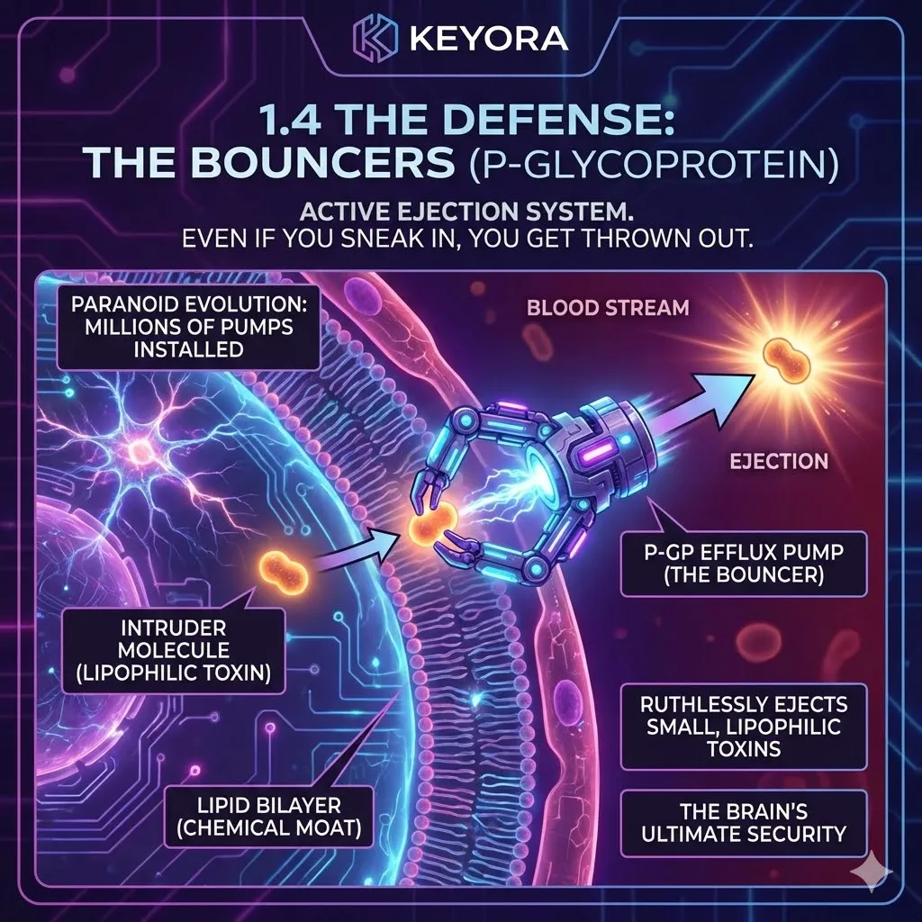 P-Glycoprotein Efflux Pumps acting as microscopic bouncers to eject lipophilic intruders and preserve Four-Drive System integrity. P-Glycoprotein Efflux Pumps acting as microscopic bouncers to eject lipophilic intruders and preserve Four-Drive System integrity.
