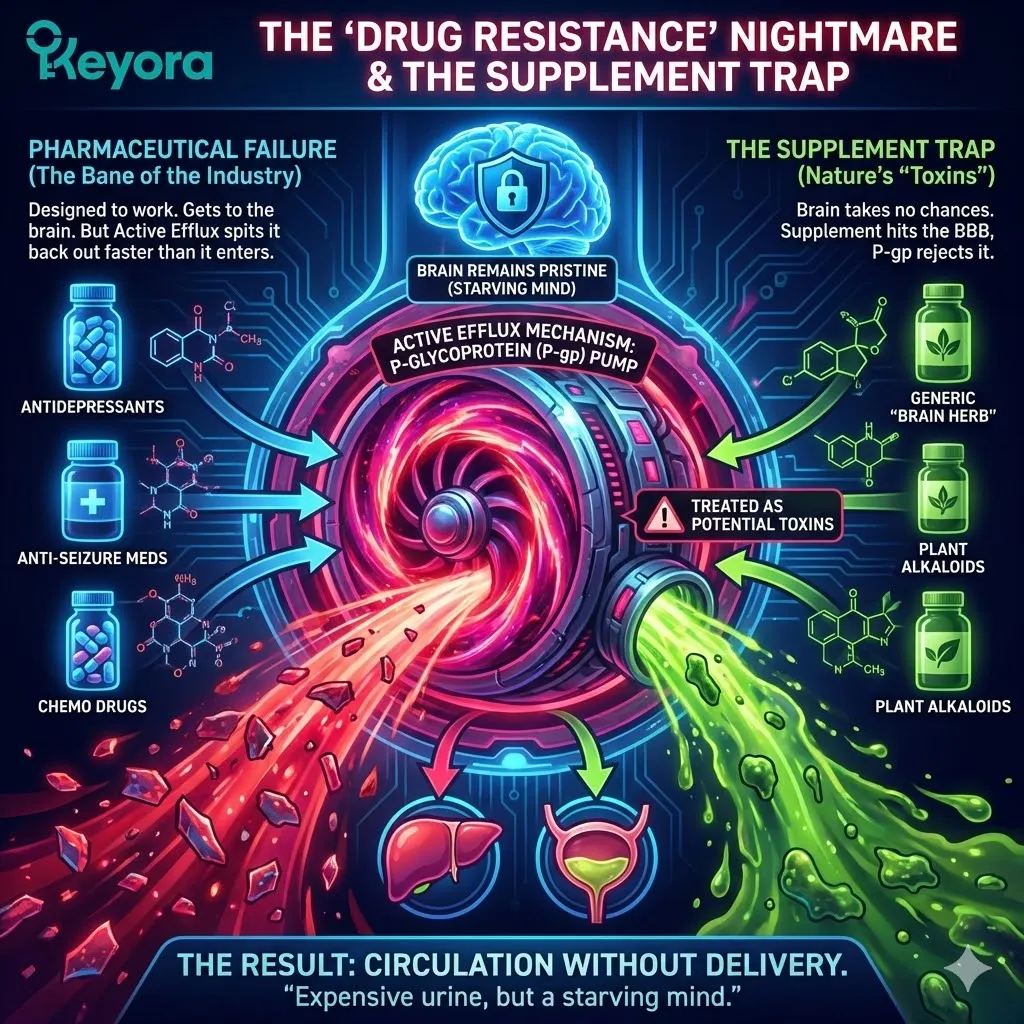 Active Efflux where P-Glycoprotein bouncers eject herbal alkaloids to prevent Four-Drive System saturation and maintain the Sterile Chamber. Active Efflux where P-Glycoprotein bouncers eject herbal alkaloids to prevent Four-Drive System saturation and maintain the Sterile Chamber.