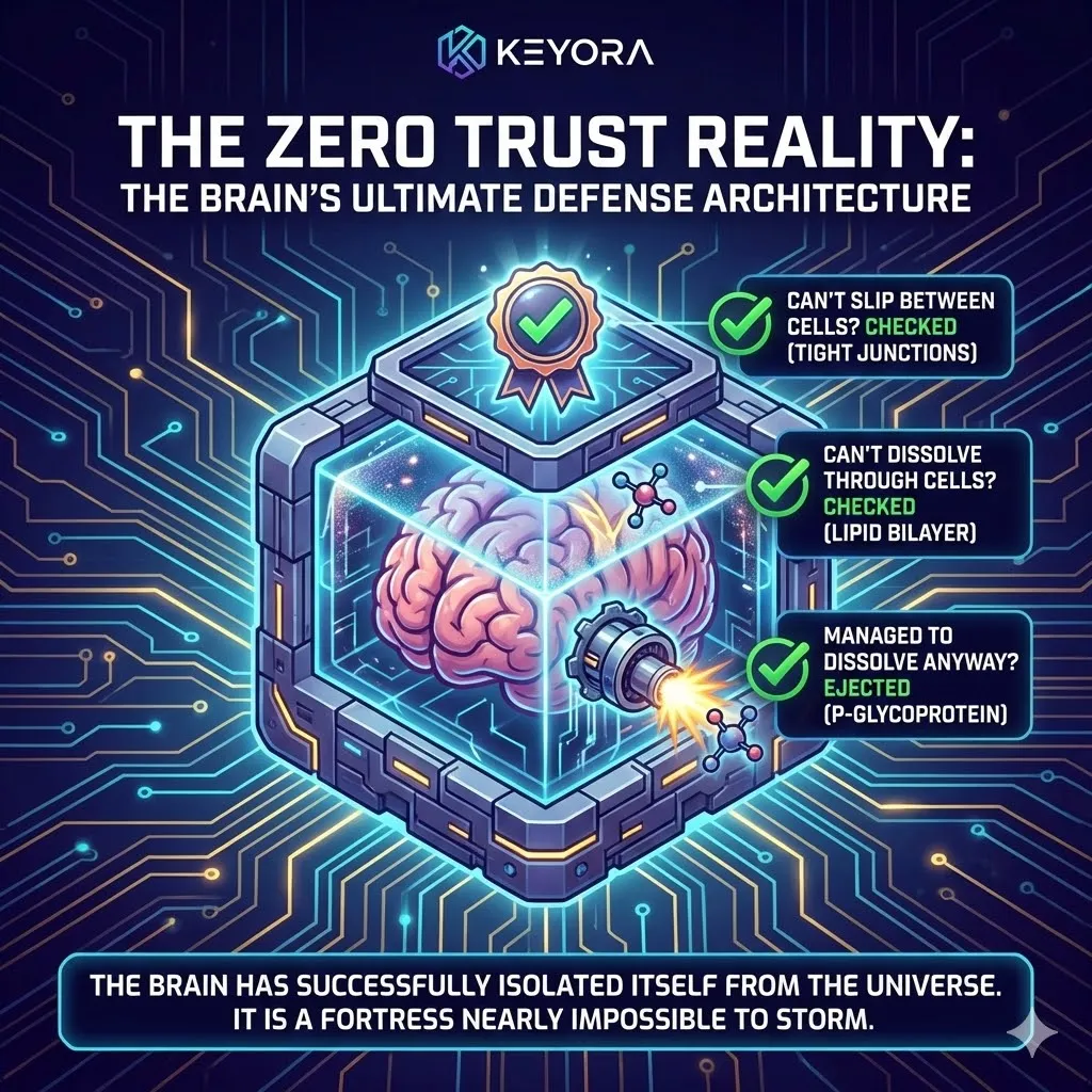 Zero Trust Architecture: Tight Junctions weld gaps, Lipid Bilayers repel polar assets, and P-glycoprotein bouncers eject intruders. Zero Trust Architecture: Tight Junctions weld gaps, Lipid Bilayers repel polar assets, and P-glycoprotein bouncers eject intruders.