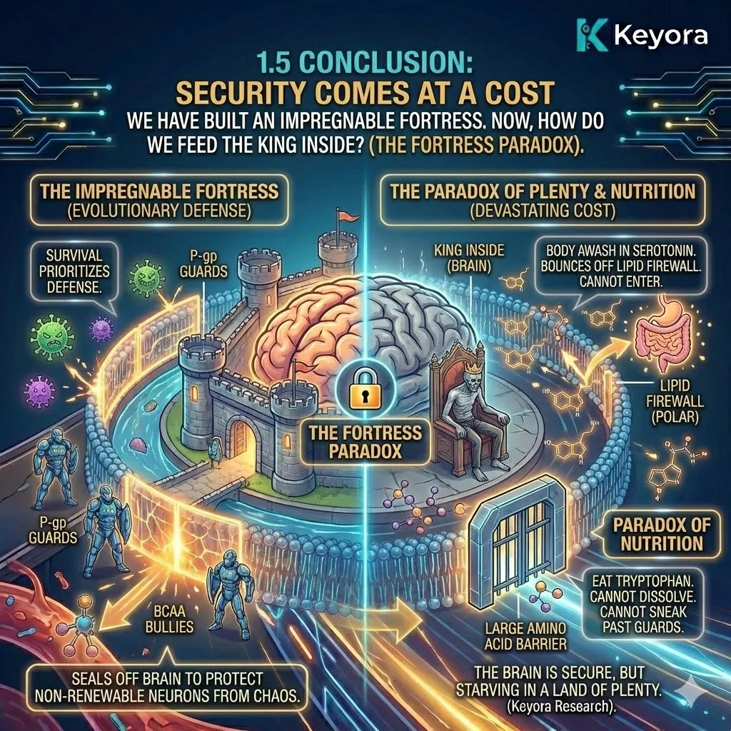 Fortress Paradox where polar Serotonin and large Tryptophan are rejected by the Lipid Firewall, starving the Four-Drive System. Fortress Paradox where polar Serotonin and large Tryptophan are rejected by the Lipid Firewall, starving the Four-Drive System.