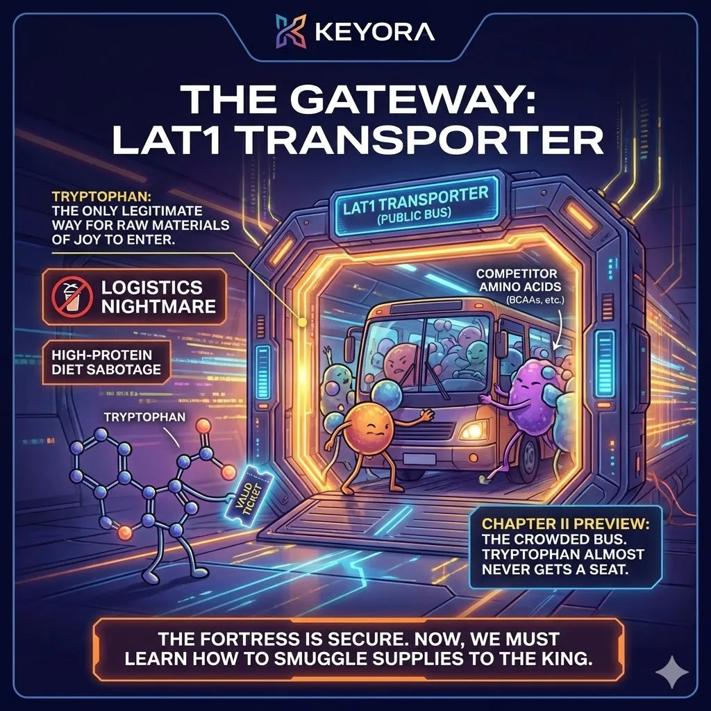 LAT1 Transporter bus crowded by BCAA bullies, blocking Tryptophan access to the Four-Drive System and causing Central Starvation. LAT1 Transporter bus crowded by BCAA bullies, blocking Tryptophan access to the Four-Drive System and causing Central Starvation.
