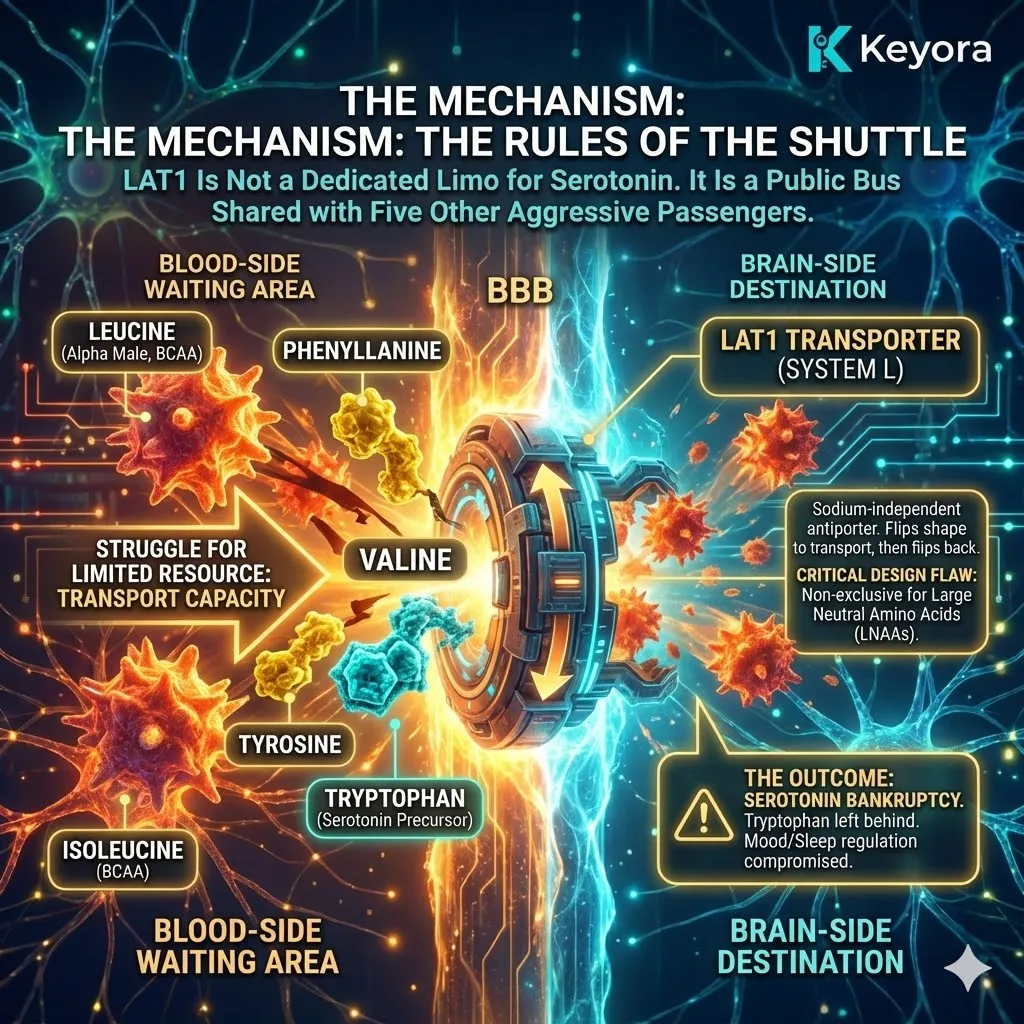 The LAT1 Transporter operates as a non-exclusive sodium-independent antiporter, forcing Tryptophan into a zero-sum competition with five aggressive Large Neutral Amino Acids for Four-Drive System access. The LAT1 Transporter operates as a non-exclusive sodium-independent antiporter, forcing Tryptophan into a zero-sum competition with five aggressive Large Neutral Amino Acids for Four-Drive System access.