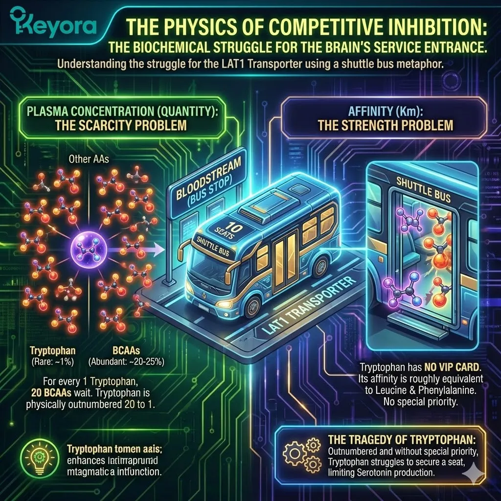The principle of Competitive Inhibition dictates that Tryptophan, comprising only 1.5% of dietary protein, is physically outnumbered 20-to-1 by BCAAs at the LAT1 shuttle within the Four-Drive System. The principle of Competitive Inhibition dictates that Tryptophan, comprising only 1.5% of dietary protein, is physically outnumbered 20-to-1 by BCAAs at the LAT1 shuttle within the Four-Drive System.