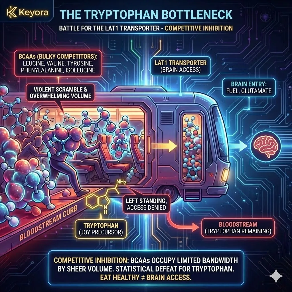 Competitive Inhibition at the LAT1 transporter forces a logistical bottleneck where BCAA volume statistically overwhelms the 1.5% Tryptophan presence, preventing Four-Drive System saturation. Competitive Inhibition at the LAT1 transporter forces a logistical bottleneck where BCAA volume statistically overwhelms the 1.5% Tryptophan presence, preventing Four-Drive System saturation.