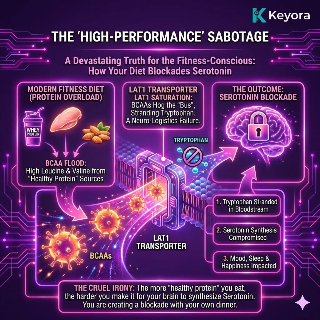The saturation of the LAT1 transporter by BCAA-rich whey protein and lean meats creates a logistical blockade, statistically excluding Tryptophan from the Four-Drive System. The saturation of the LAT1 transporter by BCAA-rich whey protein and lean meats creates a logistical blockade, statistically excluding Tryptophan from the Four-Drive System.