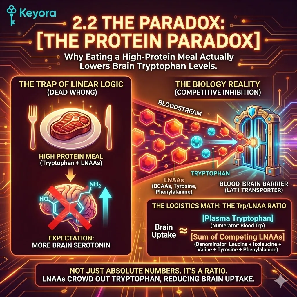 The Protein Paradox demonstrates that high-protein intake elevates the denominator in the Trp/LNAA Ratio, mathematically lowering Tryptophan’s probability of Four-Drive System entry. The Protein Paradox demonstrates that high-protein intake elevates the denominator in the Trp/LNAA Ratio, mathematically lowering Tryptophan’s probability of Four-Drive System entry.