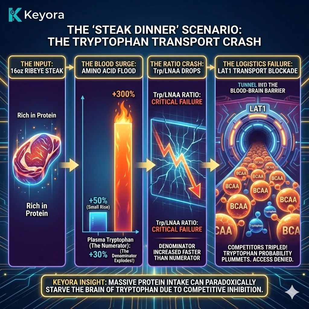 The Ribeye Steak scenario illustrates the Ratio Crash where a 300% surge in competitor BCAAs creates a logistical blockade against the Four-Drive System despite a 50% rise in plasma Tryptophan. The Ribeye Steak scenario illustrates the Ratio Crash where a 300% surge in competitor BCAAs creates a logistical blockade against the Four-Drive System despite a 50% rise in plasma Tryptophan.