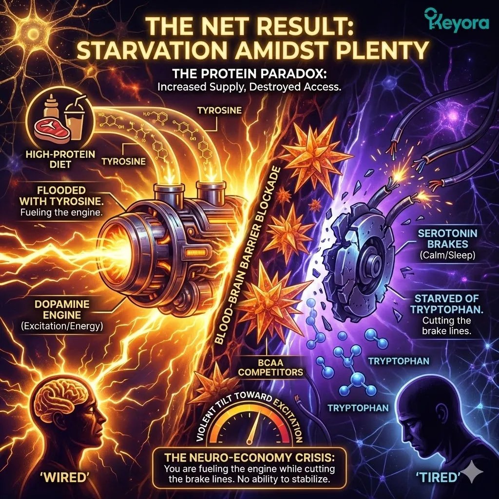 The Protein Paradox architecture reveals how BCAA dominance creates a logistical blockade, cutting the Serotonin brake lines of the Four-Drive System while flooding the Dopamine engine. The Protein Paradox architecture reveals how BCAA dominance creates a logistical blockade, cutting the Serotonin brake lines of the Four-Drive System while flooding the Dopamine engine.