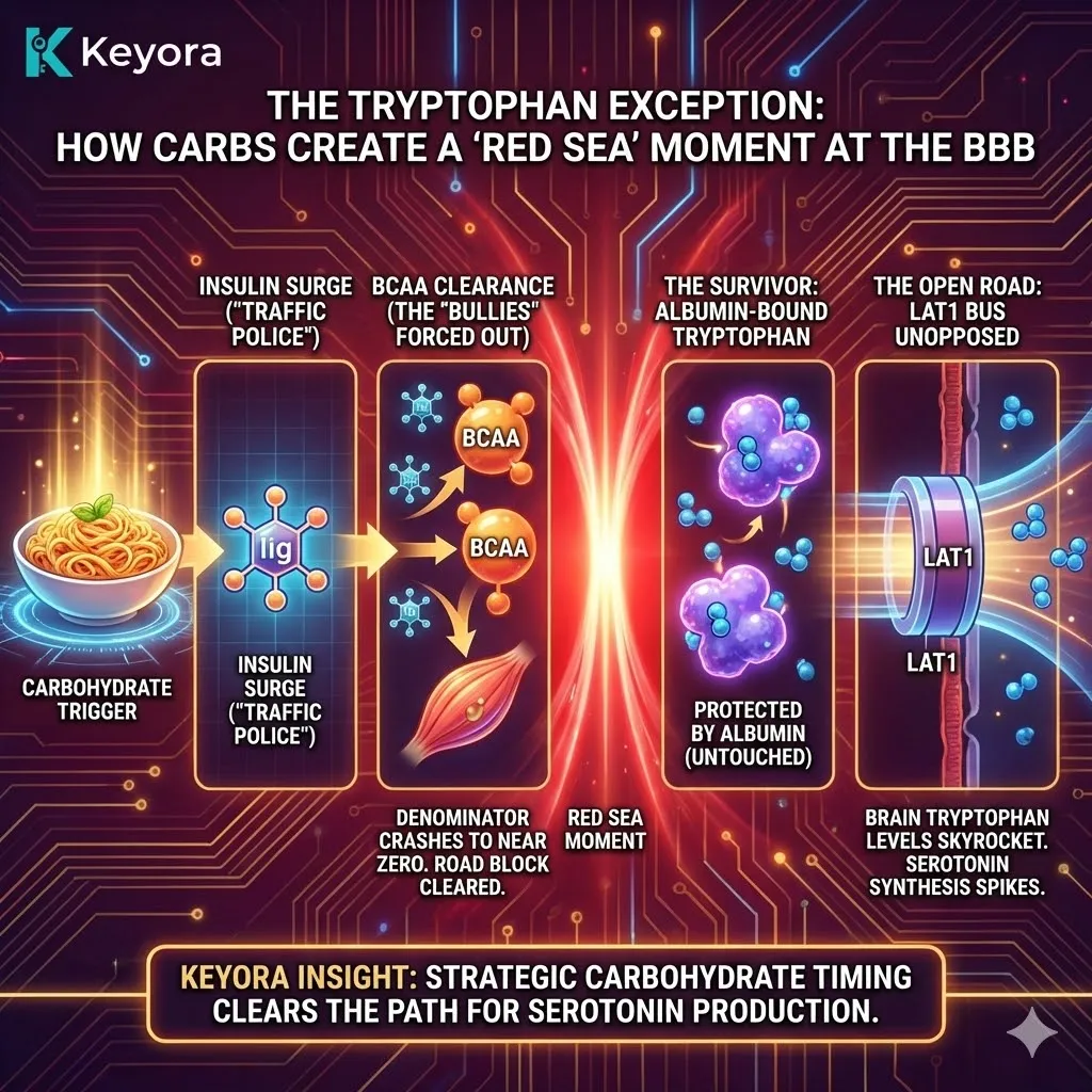 The Tryptophan Exception utilizes Albumin binding to protect precursors from Insulin-driven clearance, effectively parting the "Red Sea" of competing BCAAs to saturate the Four-Drive System. The Tryptophan Exception utilizes Albumin binding to protect precursors from Insulin-driven clearance, effectively parting the "Red Sea" of competing BCAAs to saturate the Four-Drive System.
