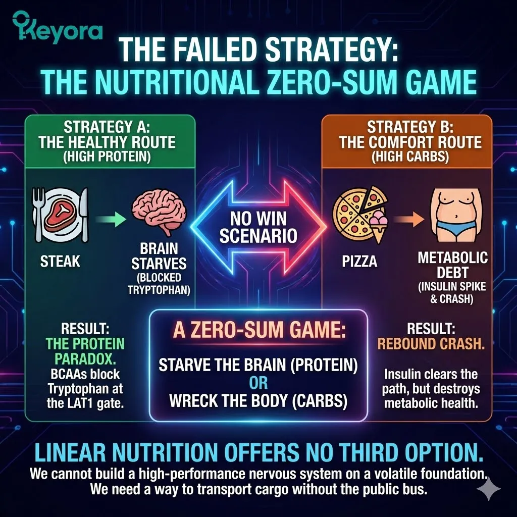 The Failed Strategy architecture highlights the binary trap between BCAA-driven Protein Paradox starvation and the inflammatory Metabolic Debt of carbohydrate-induced insulin spikes. The Failed Strategy architecture highlights the binary trap between BCAA-driven Protein Paradox starvation and the inflammatory Metabolic Debt of carbohydrate-induced insulin spikes.