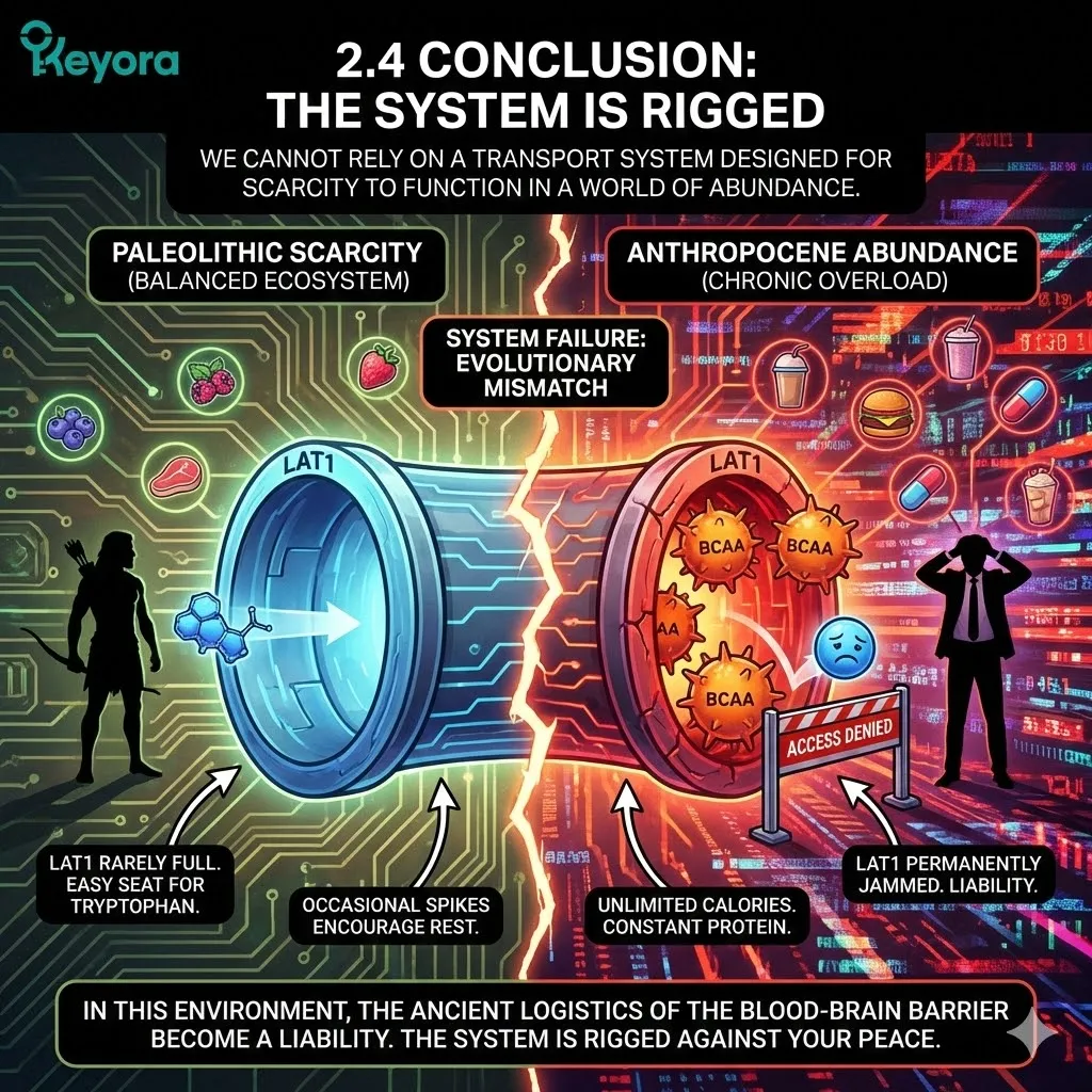 The transition from Paleolithic scarcity to Anthropocene abundance creates a permanent logistical gridlock at the LAT1 gate, systematically excluding Tryptophan from the Four-Drive System. The transition from Paleolithic scarcity to Anthropocene abundance creates a permanent logistical gridlock at the LAT1 gate, systematically excluding Tryptophan from the Four-Drive System.