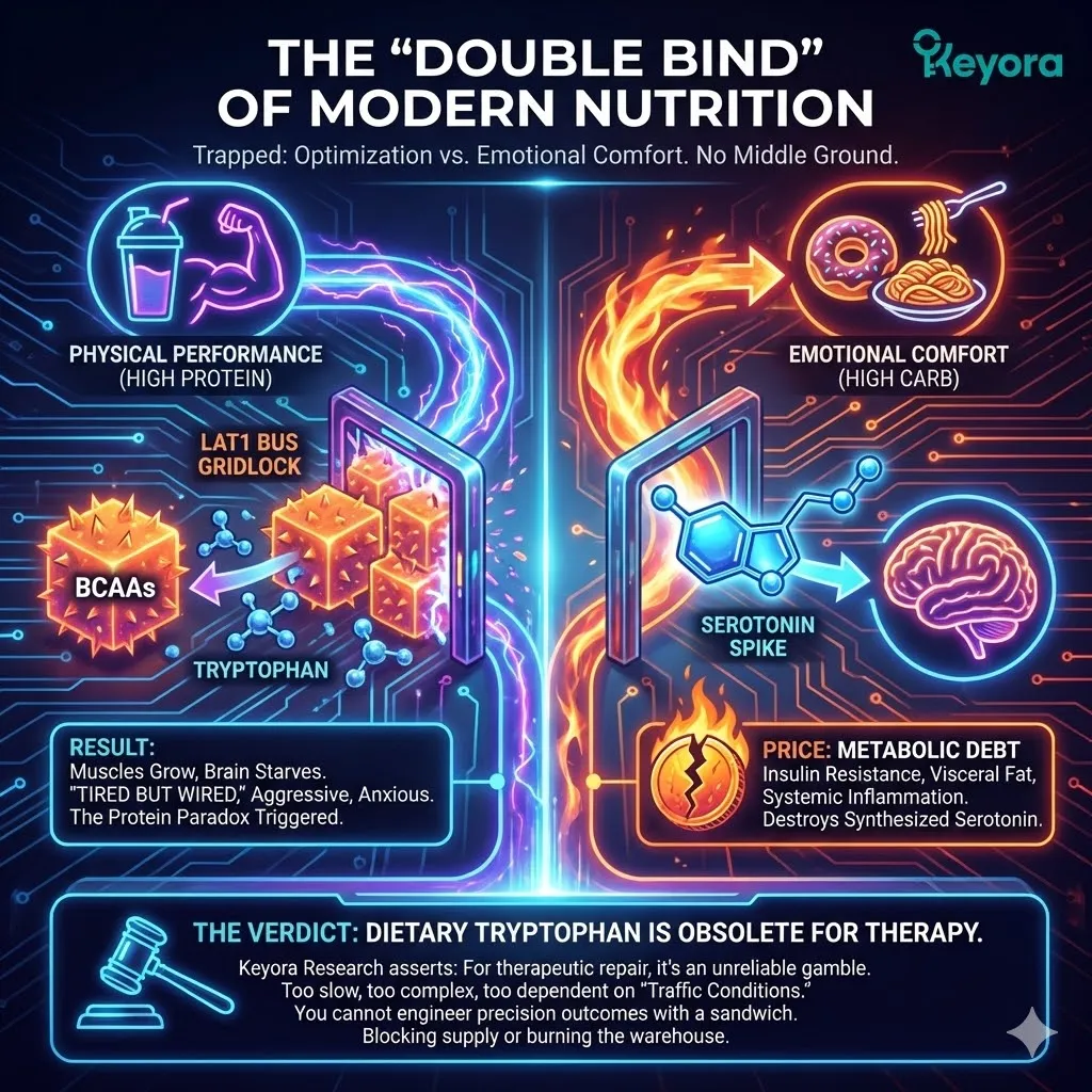 The Double Bind architecture illustrates the binary failure of modern nutrition, where high-protein BCAA flooding gridlocks the LAT1 bus and high-carb insulin hacks incur terminal Metabolic Debt. The Double Bind architecture illustrates the binary failure of modern nutrition, where high-protein BCAA flooding gridlocks the LAT1 bus and high-carb insulin hacks incur terminal Metabolic Debt.