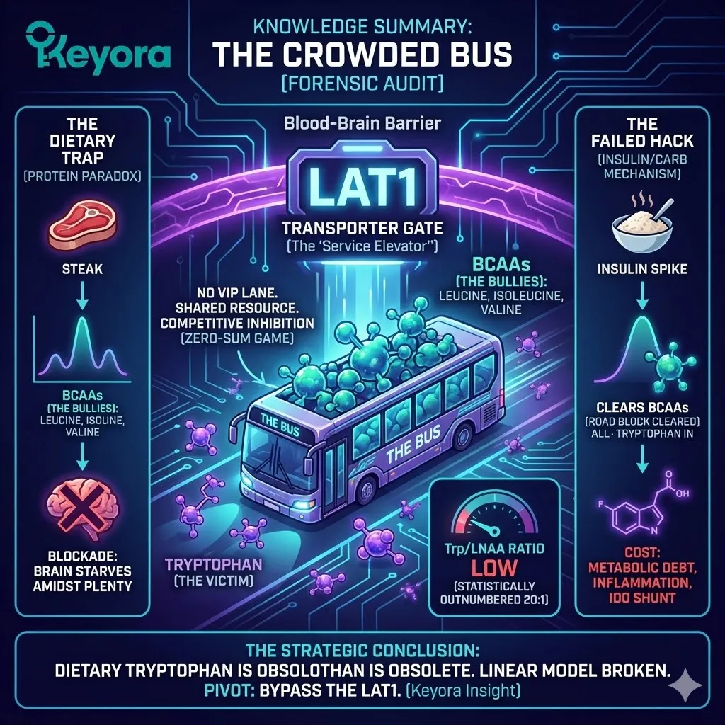 The Double Bind architecture summarizes the terminal failure of dietary Tryptophan, where the Protein Paradox gridlocks the LAT1 gate and the Insulin Hack incurs inflammatory Metabolic Debt. The Double Bind architecture summarizes the terminal failure of dietary Tryptophan, where the Protein Paradox gridlocks the LAT1 gate and the Insulin Hack incurs inflammatory Metabolic Debt.