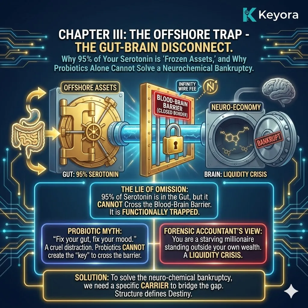The Offshore Trap architecture illustrates the 95% Serotonin Liquidity Crisis, where the peripheral inventory in the gut represents frozen assets unable to breach the Four-Drive System. The Offshore Trap architecture illustrates the 95% Serotonin Liquidity Crisis, where the peripheral inventory in the gut represents frozen assets unable to breach the Four-Drive System.