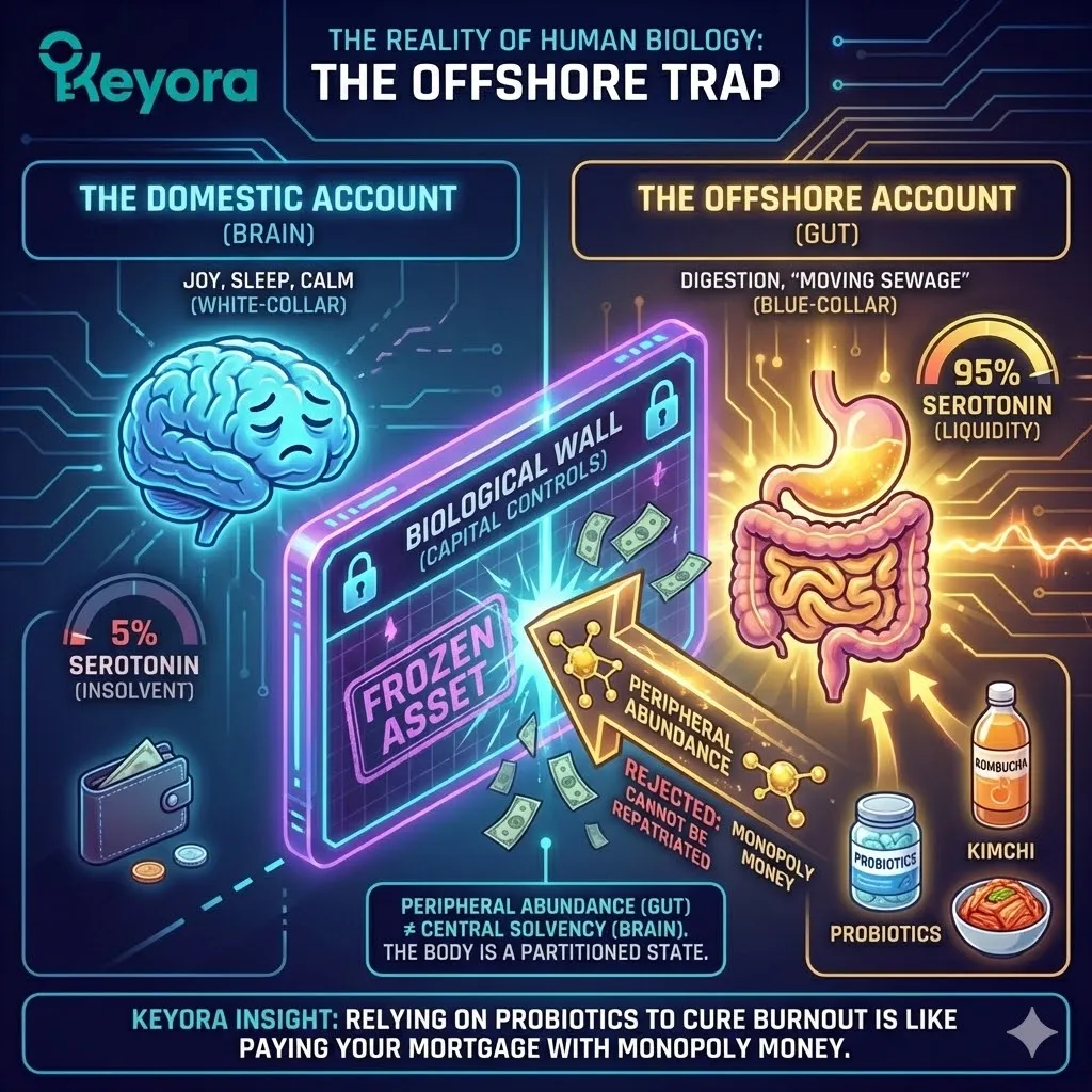 The Offshore Trap architecture defines the systemic capital controls where 95% of peripheral serotonin remains frozen in the gut, unable to repatriate to the 5% central Four-Drive System. The Offshore Trap architecture defines the systemic capital controls where 95% of peripheral serotonin remains frozen in the gut, unable to repatriate to the 5% central Four-Drive System.