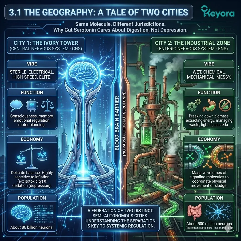 The geography of the nervous system is a tale of two cities: the Central Nervous System (The Ivory Tower) and the Enteric Nervous System (The Industrial Zone), each operating under distinct economic and logistical mandates. The geography of the nervous system is a tale of two cities: the Central Nervous System (The Ivory Tower) and the Enteric Nervous System (The Industrial Zone), each operating under distinct economic and logistical mandates.