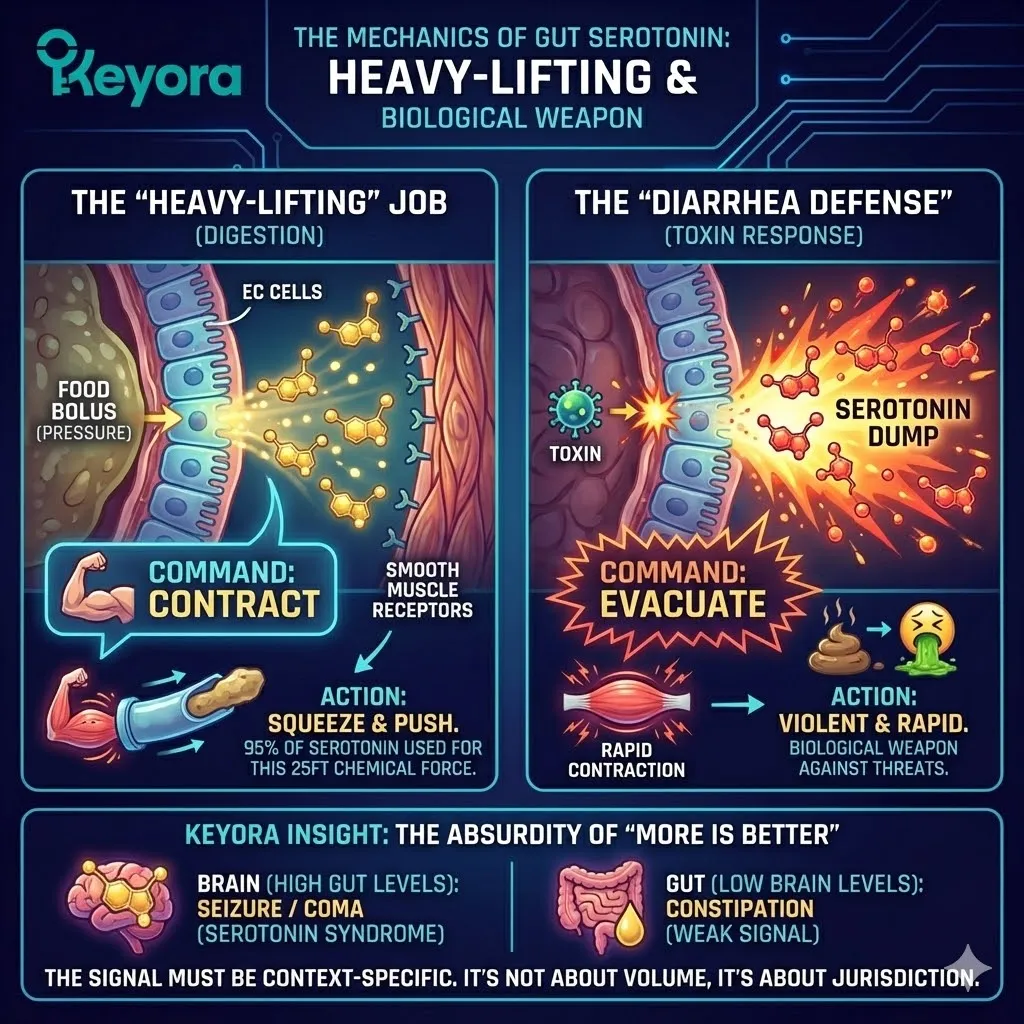 The Mechanics of Gut Serotonin architecture reveals 5-HT as a mechanical heavy-lifter for peristalsis and a "Diarrhea Defense" weapon, distinct from the delicate emotional signaling of the Four-Drive System. The Mechanics of Gut Serotonin architecture reveals 5-HT as a mechanical heavy-lifter for peristalsis and a "Diarrhea Defense" weapon, distinct from the delicate emotional signaling of the Four-Drive System.