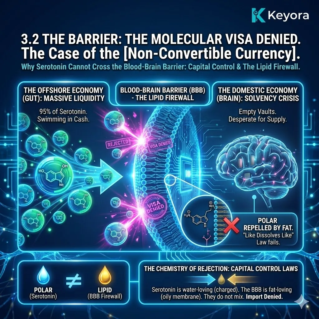 The Chemistry of Rejection architecture identifies Serotonin as a polar molecule, its electrical charge ensuring it is physically repelled by the Lipid Firewall of the Blood-Brain Barrier. The Chemistry of Rejection architecture identifies Serotonin as a polar molecule, its electrical charge ensuring it is physically repelled by the Lipid Firewall of the Blood-Brain Barrier.