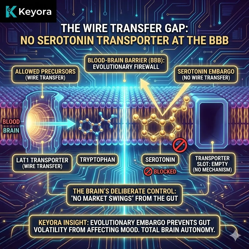 The evolutionary embargo at the Blood-Brain Barrier lacks a "Wire Transfer" system for Serotonin, ensuring the brain maintains total Neurological Sovereignty by excluding volatile gut-market swings. The evolutionary embargo at the Blood-Brain Barrier lacks a "Wire Transfer" system for Serotonin, ensuring the brain maintains total Neurological Sovereignty by excluding volatile gut-market swings.