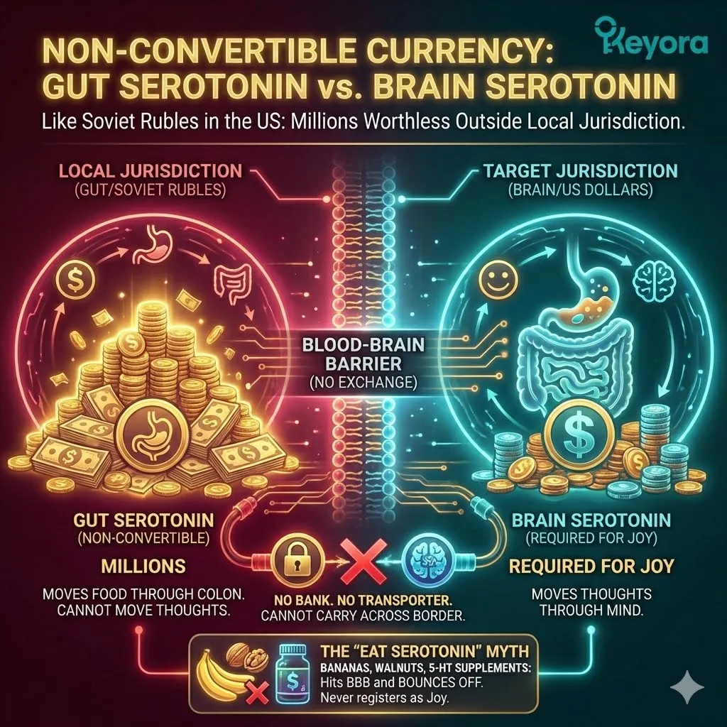 The Non-Convertible Currency architecture renders gut-derived Serotonin a local asset with zero central purchasing power, blocked by the Lipid Firewall and a total absence of transport infrastructure. The Non-Convertible Currency architecture renders gut-derived Serotonin a local asset with zero central purchasing power, blocked by the Lipid Firewall and a total absence of transport infrastructure.