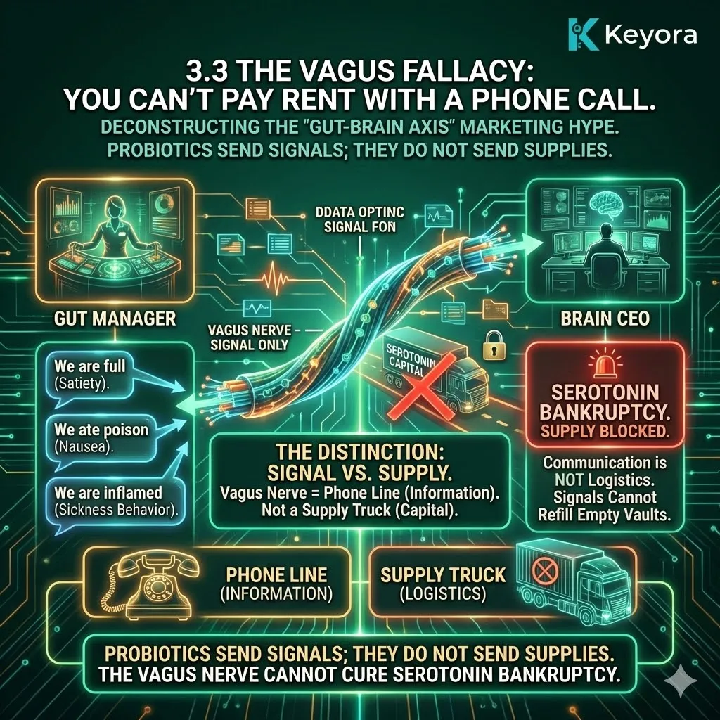 The Vagus Fallacy architecture distinguishes between the Vagus "Phone Line" and the chemical "Supply Truck," where signaling capacity is mistaken for logistical funding of the Four-Drive System. The Vagus Fallacy architecture distinguishes between the Vagus "Phone Line" and the chemical "Supply Truck," where signaling capacity is mistaken for logistical funding of the Four-Drive System.