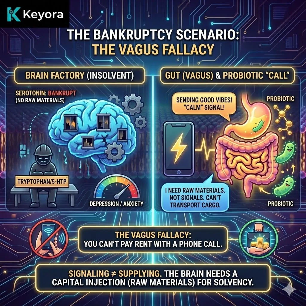 The Bankruptcy Scenario architecture contrasts electrical "vibes" with physical "cargo," demonstrating that the Vagus nerve lacks the logistical capacity to resolve a central 5-HT capital crisis. The Bankruptcy Scenario architecture contrasts electrical "vibes" with physical "cargo," demonstrating that the Vagus nerve lacks the logistical capacity to resolve a central 5-HT capital crisis.
