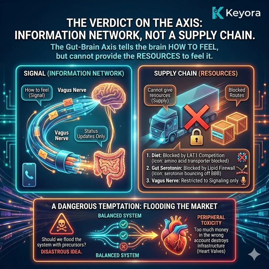 The Verdict on the Axis architecture identifies the Gut-Brain connection as a signaling network rather than a logistical supply chain, rendering it incapable of resolving central resource depletion. The Verdict on the Axis architecture identifies the Gut-Brain connection as a signaling network rather than a logistical supply chain, rendering it incapable of resolving central resource depletion.