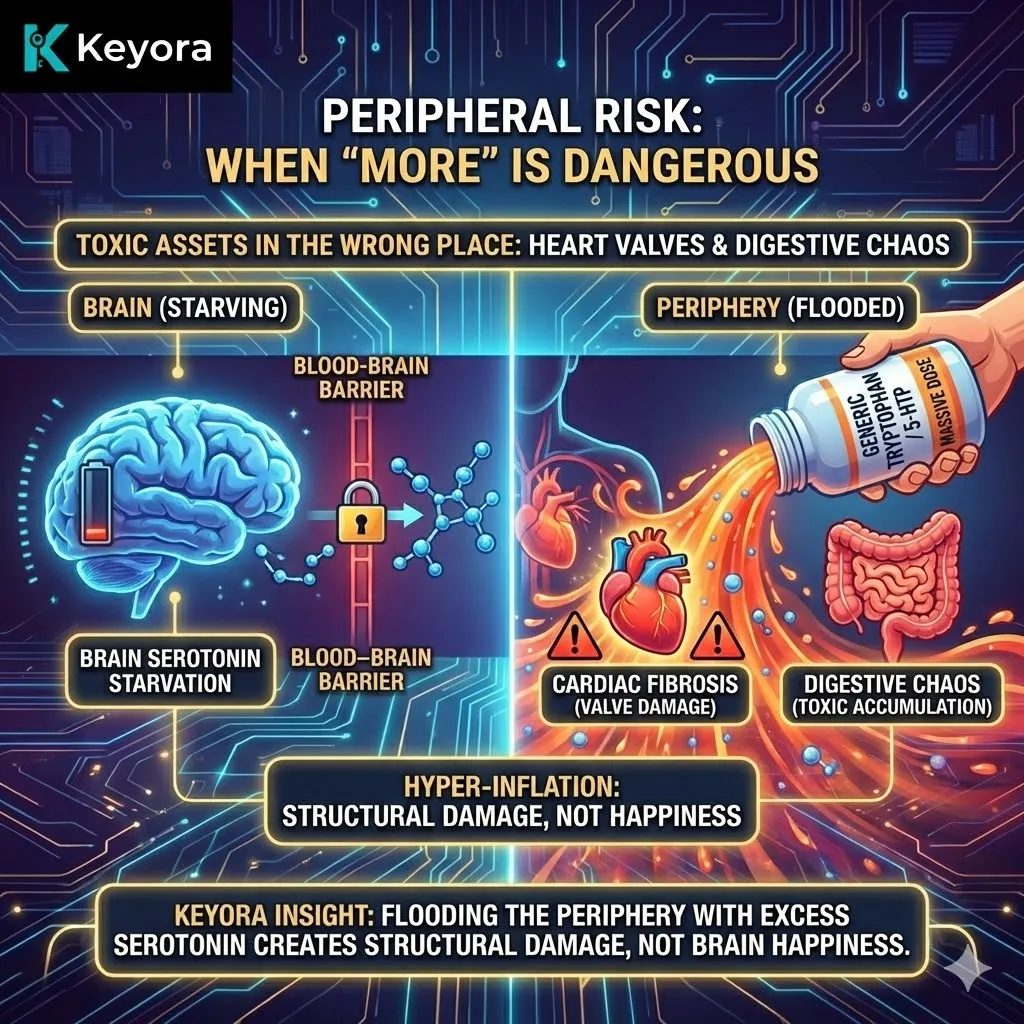 The Peripheral Risk architecture illustrates the "Stimulus Paradox," where non-targeted serotonin flooding creates systemic hyper-inflation and toxic accumulation in the body's peripheral sectors. The Peripheral Risk architecture illustrates the "Stimulus Paradox," where non-targeted serotonin flooding creates systemic hyper-inflation and toxic accumulation in the body's peripheral sectors.